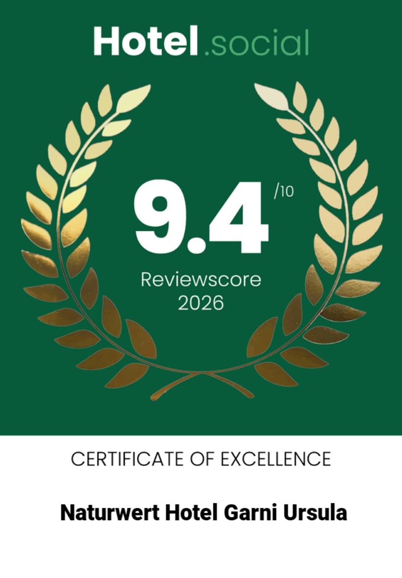 Hotel.social ReviewScore 2026 mit 9,4 von 10 Punkten für das Naturwert Hotel Garni Ursula in Manslagt