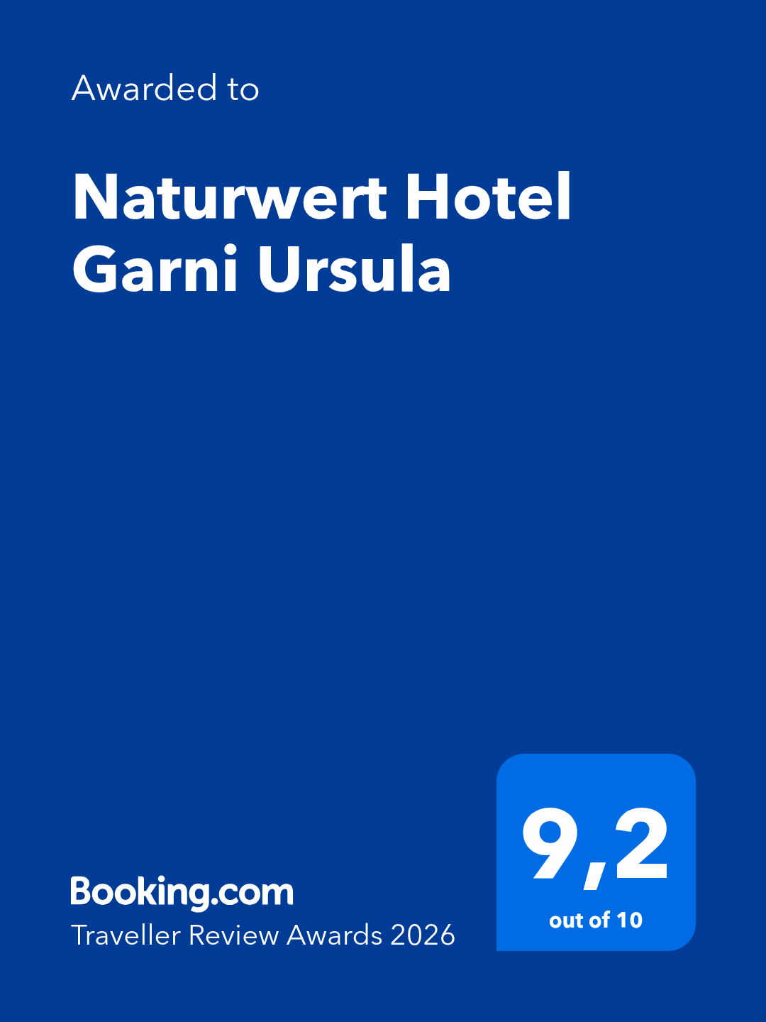 Booking Traveller Review Award 2026 für das Naturwert Hotel Garni Ursula in Manslagt