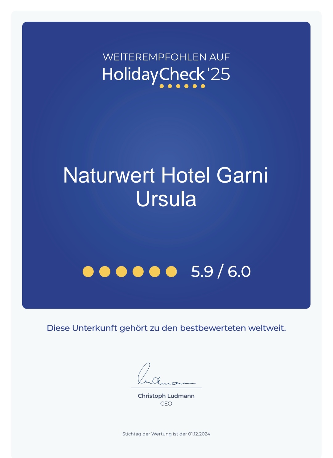 HolidayCheck Empfehlung 2025 für das Naturwert Hotel Garni Ursula in Manslagt mit 5,9 von 6 Sonnen
